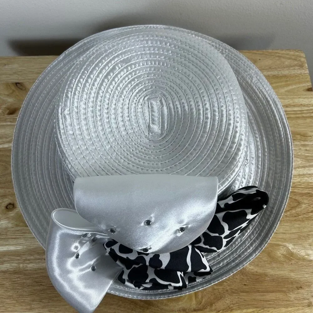 Regalia Womens Church Hat White Satin Ribbon Cow Print Bow Rhinestone Pillbox